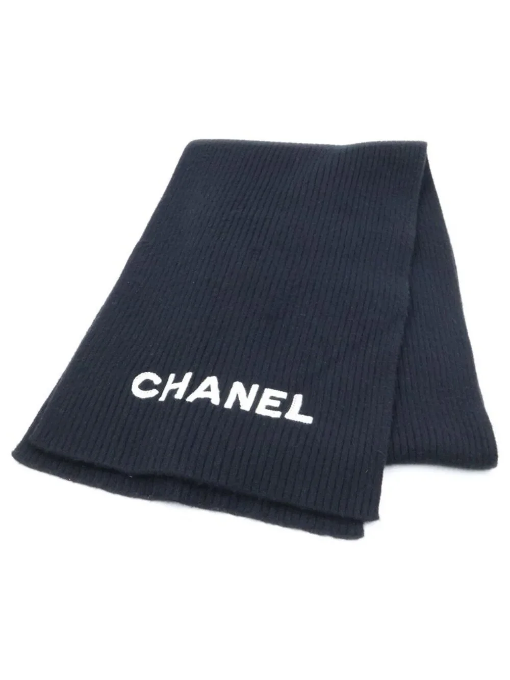 Chanel Cashmere Stall Logo Embroidery Ribbed Shawl Scarf Black